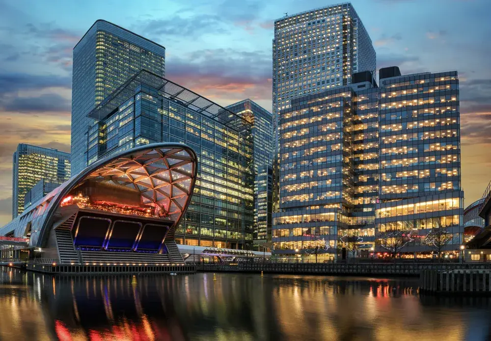 Canary Wharf at dusk, the heart of London's electronic trading