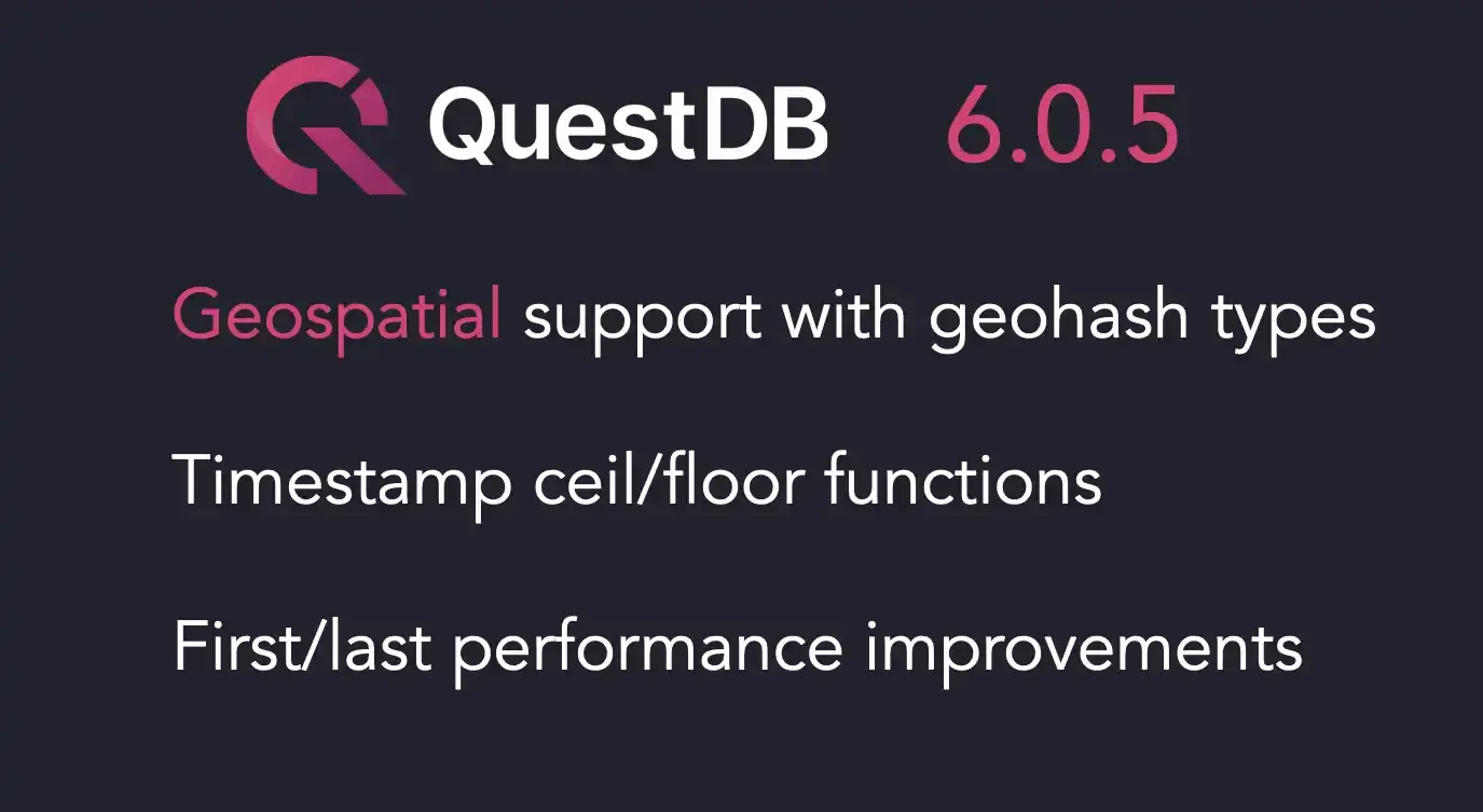 Banner for blog post "QuestDB 6.0.5 September release, geospatial support"