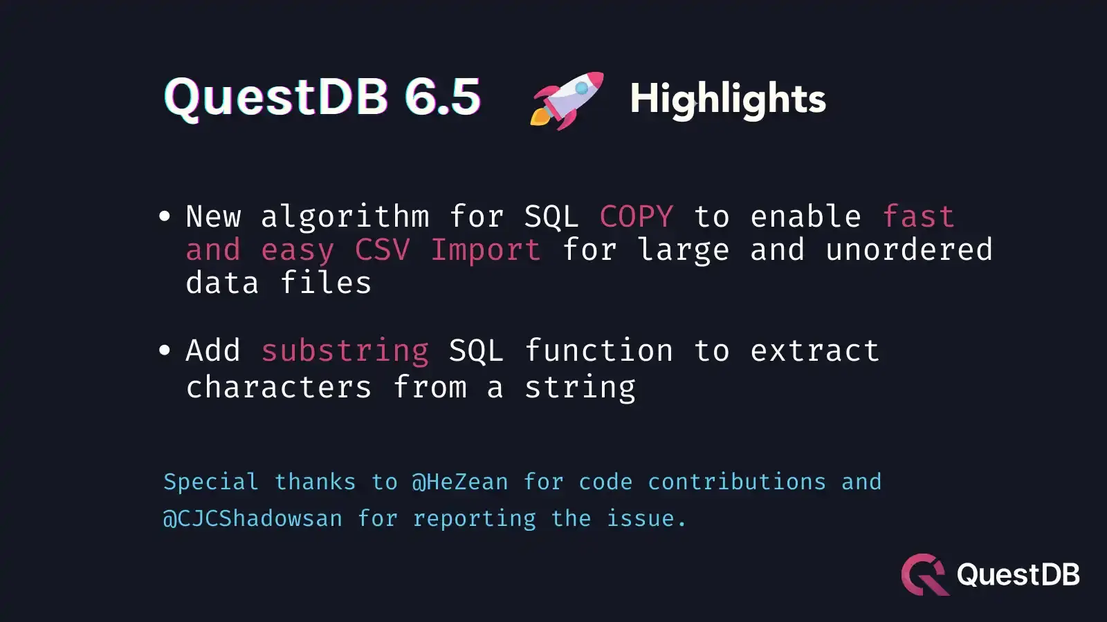 Banner for blog post "QuestDB 6.5 Release - CSV import"