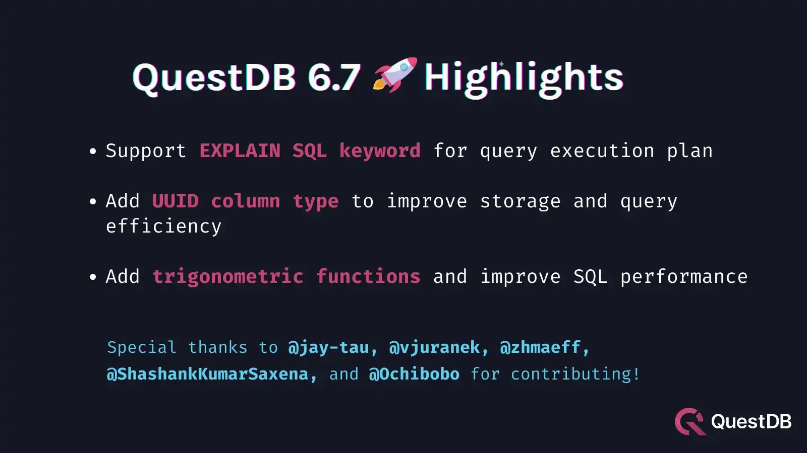 Banner for blog post "QuestDB 6.7 Release"