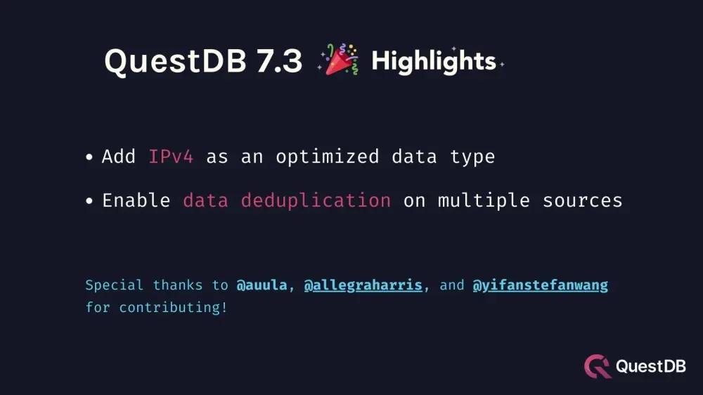 Banner for blog post "QuestDB 7.3 Release: Deduplication and IPv4 Support"