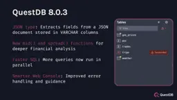 Banner for blog post "QuestDB 8.0.3 - JSON support, smarter Web Console, and more"