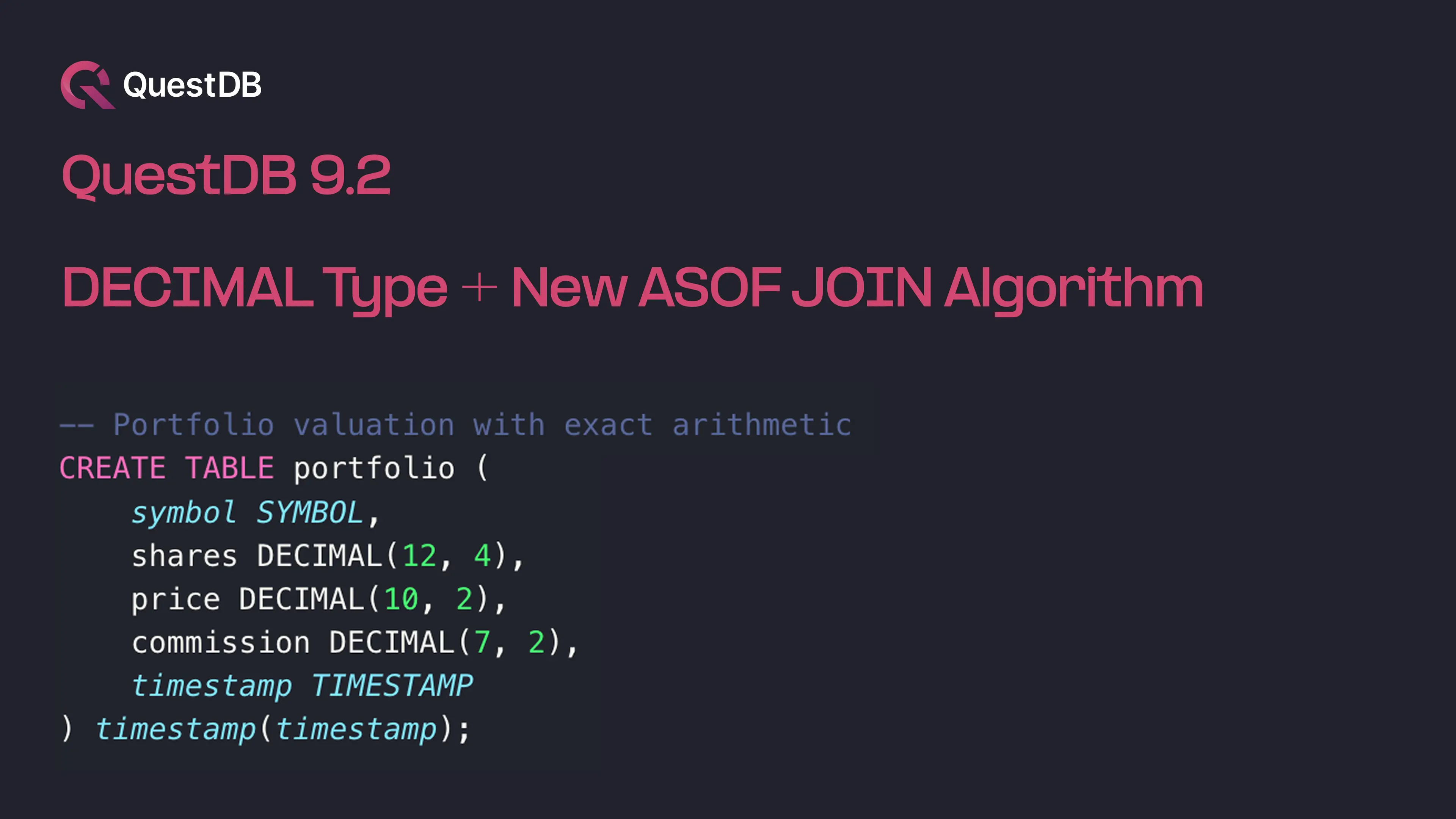 Banner for blog post "QuestDB 9.2: Exact arithmetic and smarter temporal joins"