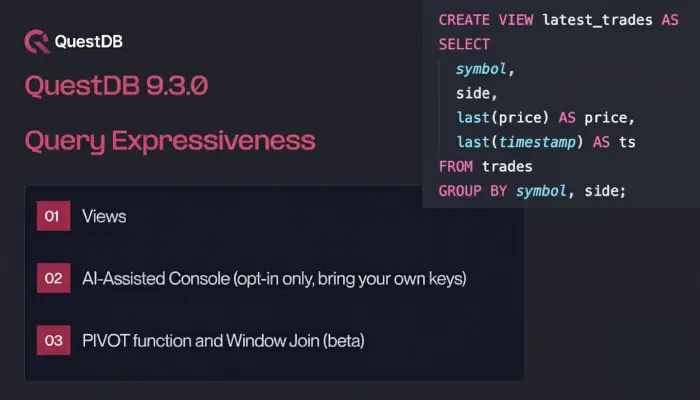 Banner for blog post "QuestDB 9.3: Window joins, views, PIVOT, and AI in the console"