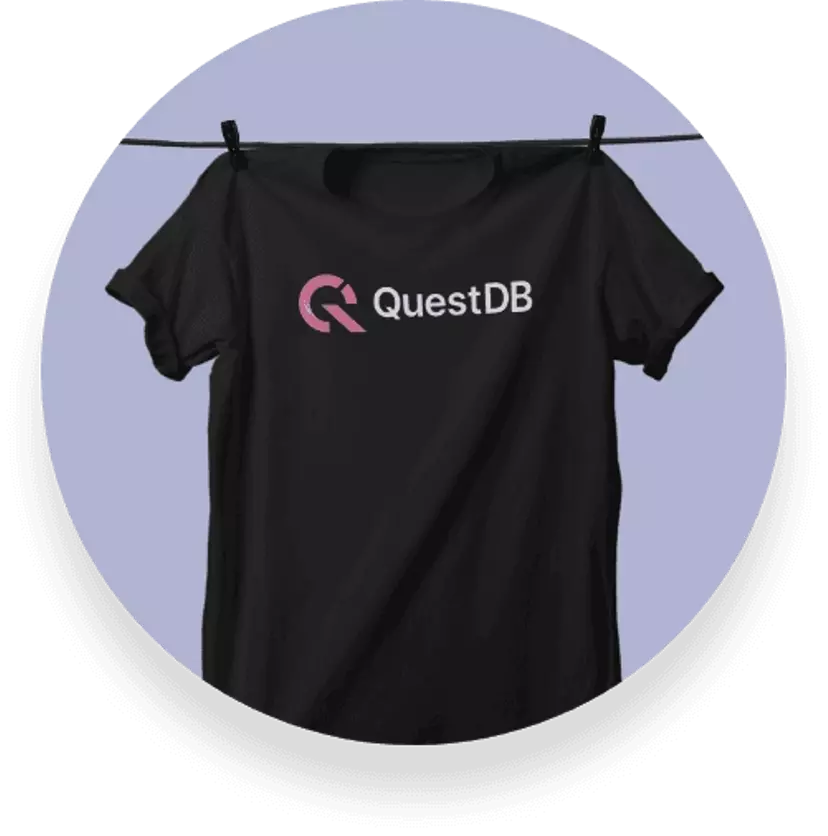 A black t-shirt with the QuestDB logo printed on the front