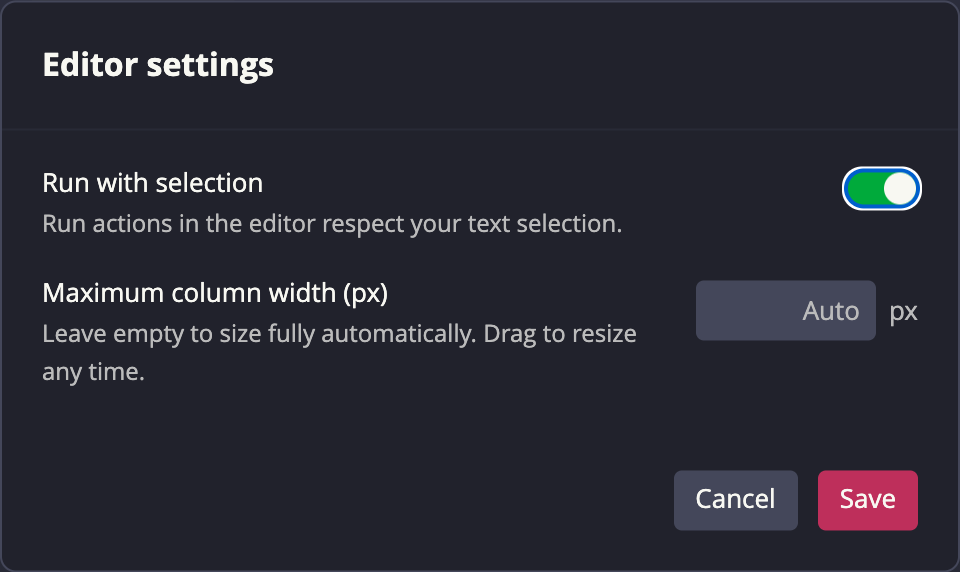 Editor settings modal in the Web Console