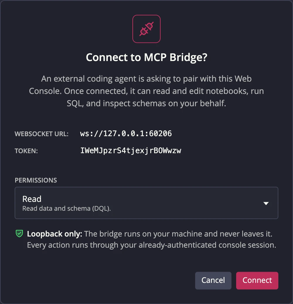 The MCP bridge pairing consent prompt in the Web Console