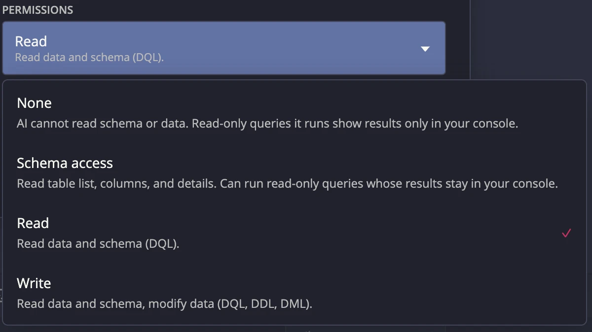 The four MCP bridge permission levels in the pairing prompt