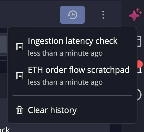 The tab history dropdown listing archived notebooks