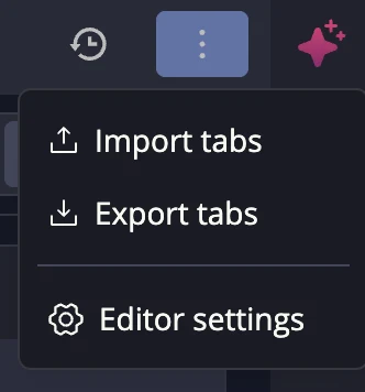 The tab bar menu with Import tabs and Export tabs