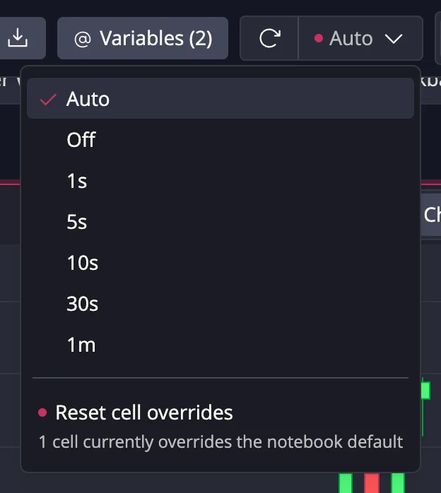 The notebook auto-refresh menu with an active cell override