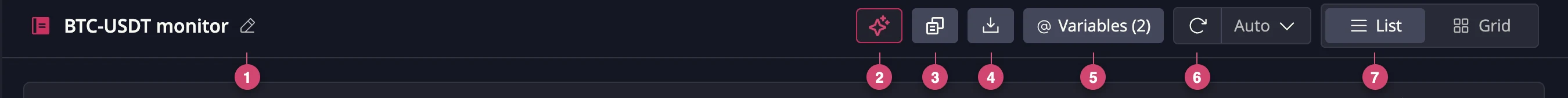 The notebook toolbar with numbered callouts for each control