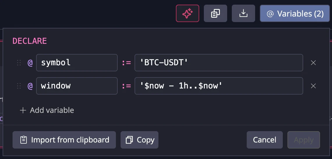 The variables popover with symbol and window variables defined
