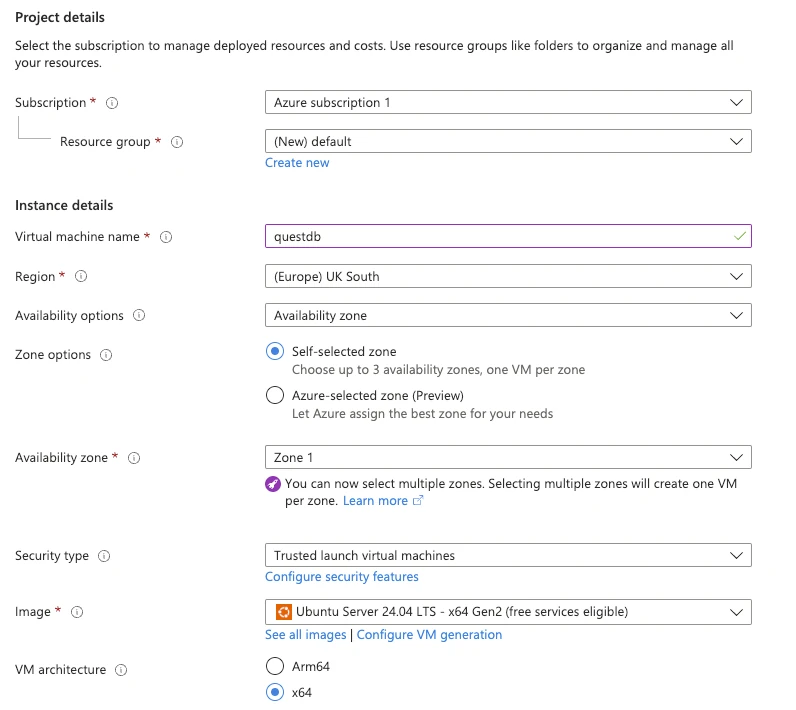 The Create Instance dialog on Microsoft Azure