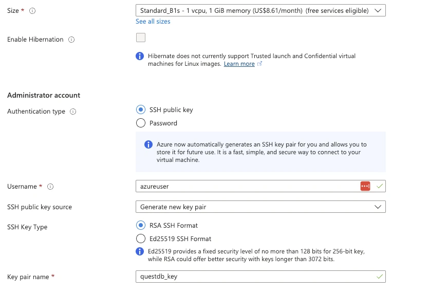 The Create Instance dialog on Microsoft Azure, continued