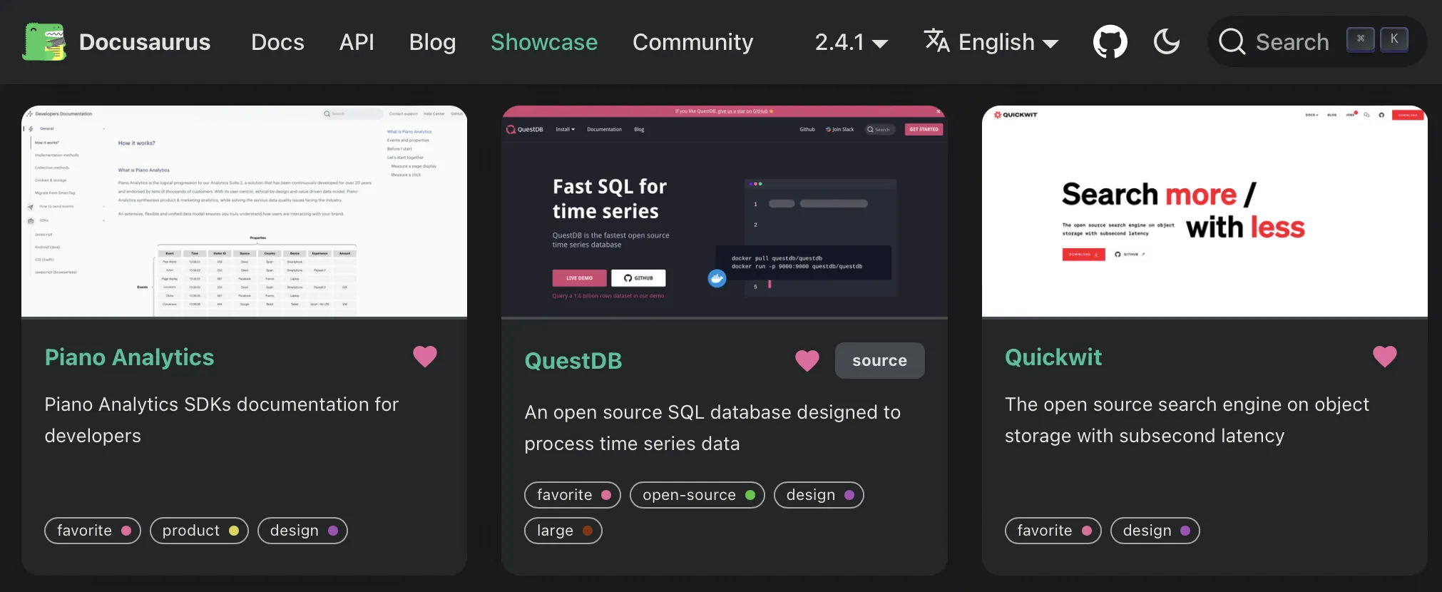 questdb.com shown in the Docusaurus showcase.