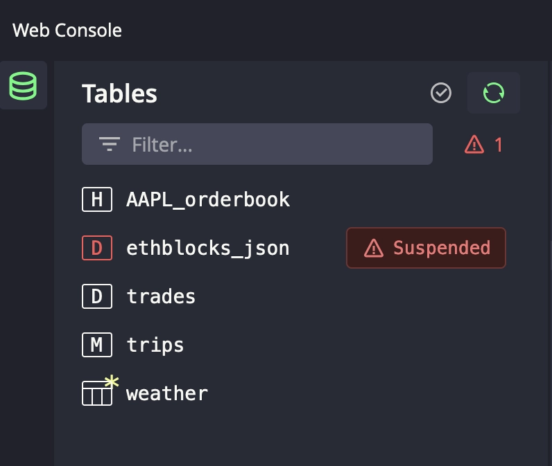 An image of a suspended table, shown with a red warning triangle next to the ethblocks_json table.