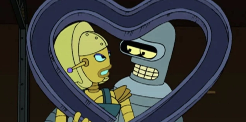 Bender from Futurama with his lady bot in a girder of love