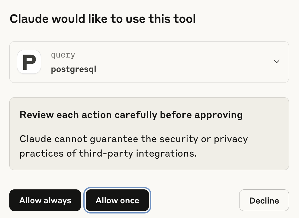 Claude's prompt to use the archived PostgreSQL MCP