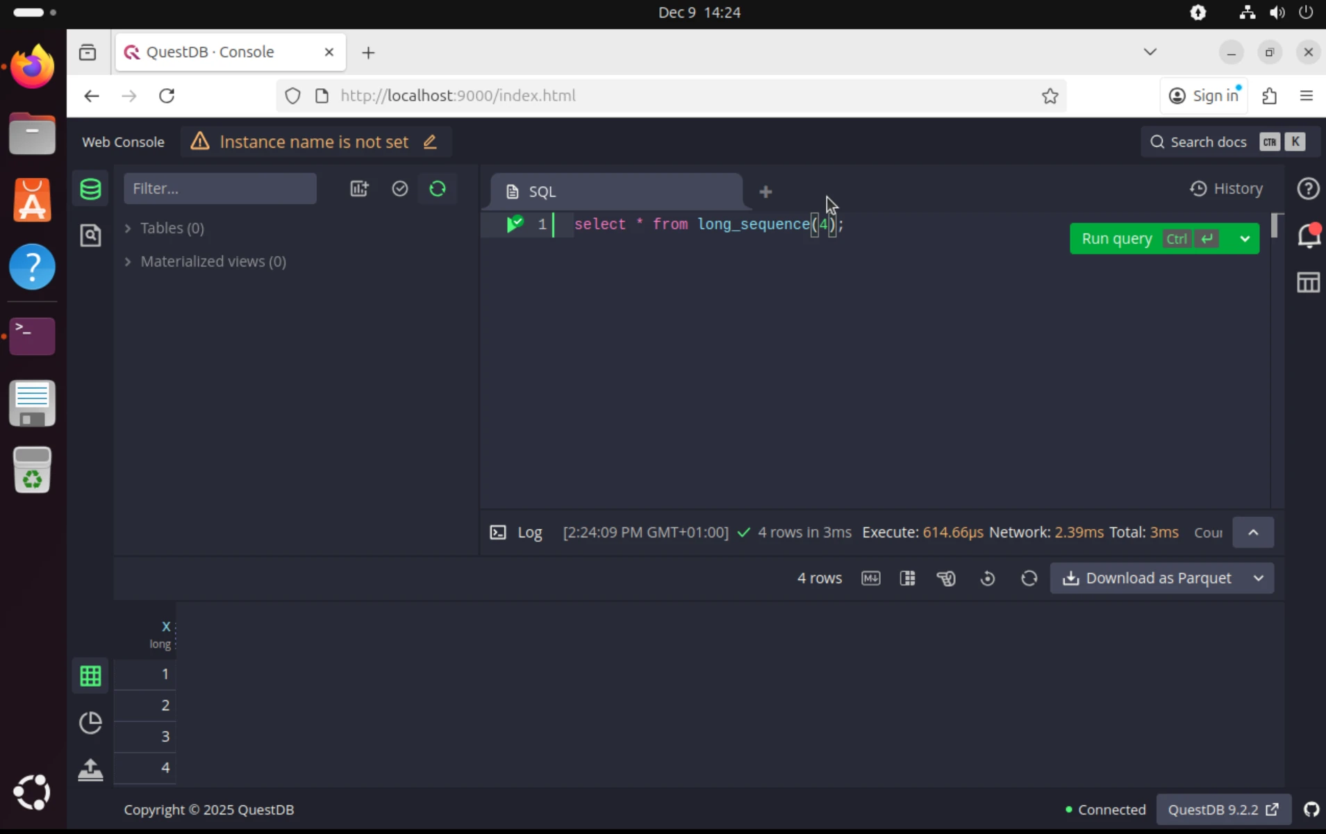 QuestDB web console running in Ubuntu in QEMU