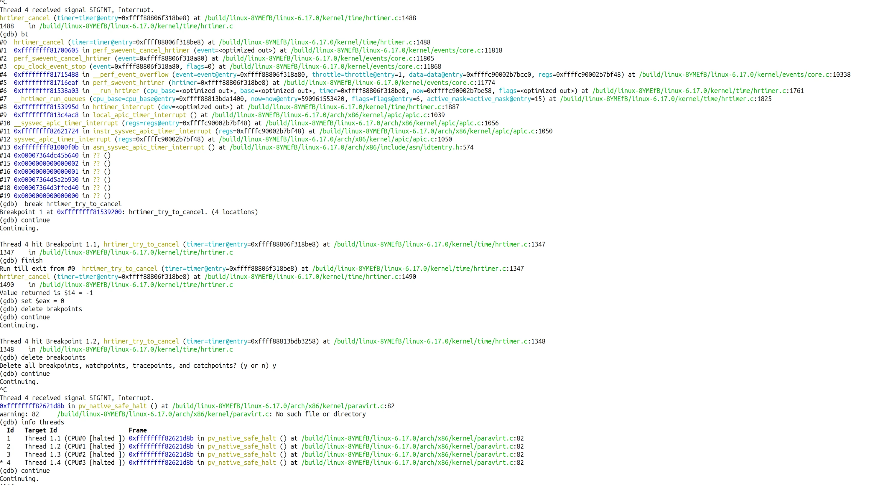 terminal screen showing gdb output