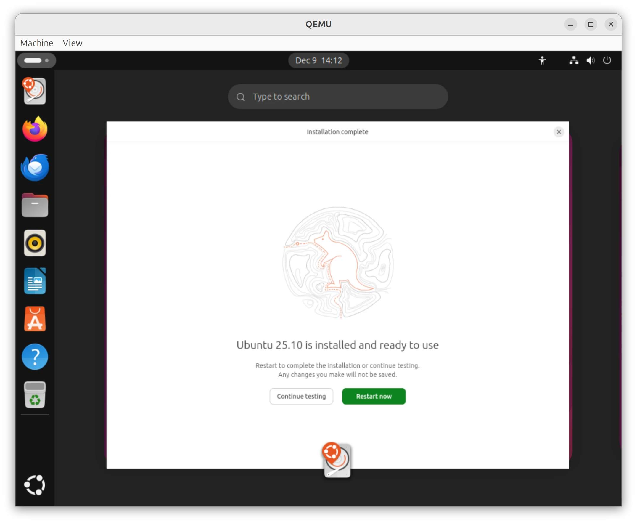 QEMU screen showing Ubuntu installation