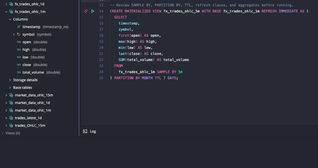 Web Console generating a CREATE MATERIALIZED VIEW statement from an existing materialized view, with the table schema visible in the sidebar