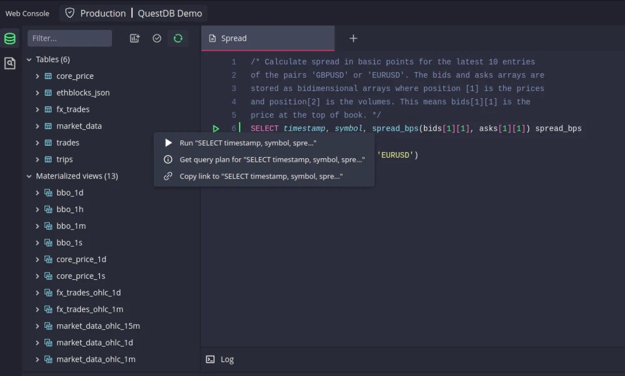 Web Console query editor showing the new share quick-link drop-down next to the run button